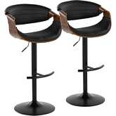 Symphony Adjustable Swivel Bar Stool in Black Metal, Walnut Wood & Black Leatherette (Set of 2)